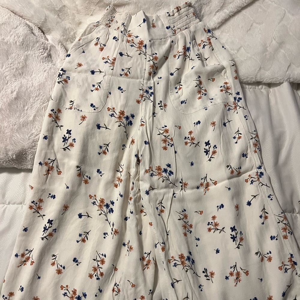 cream/white flowery dress pants! Super comfy and easy to dress up.
